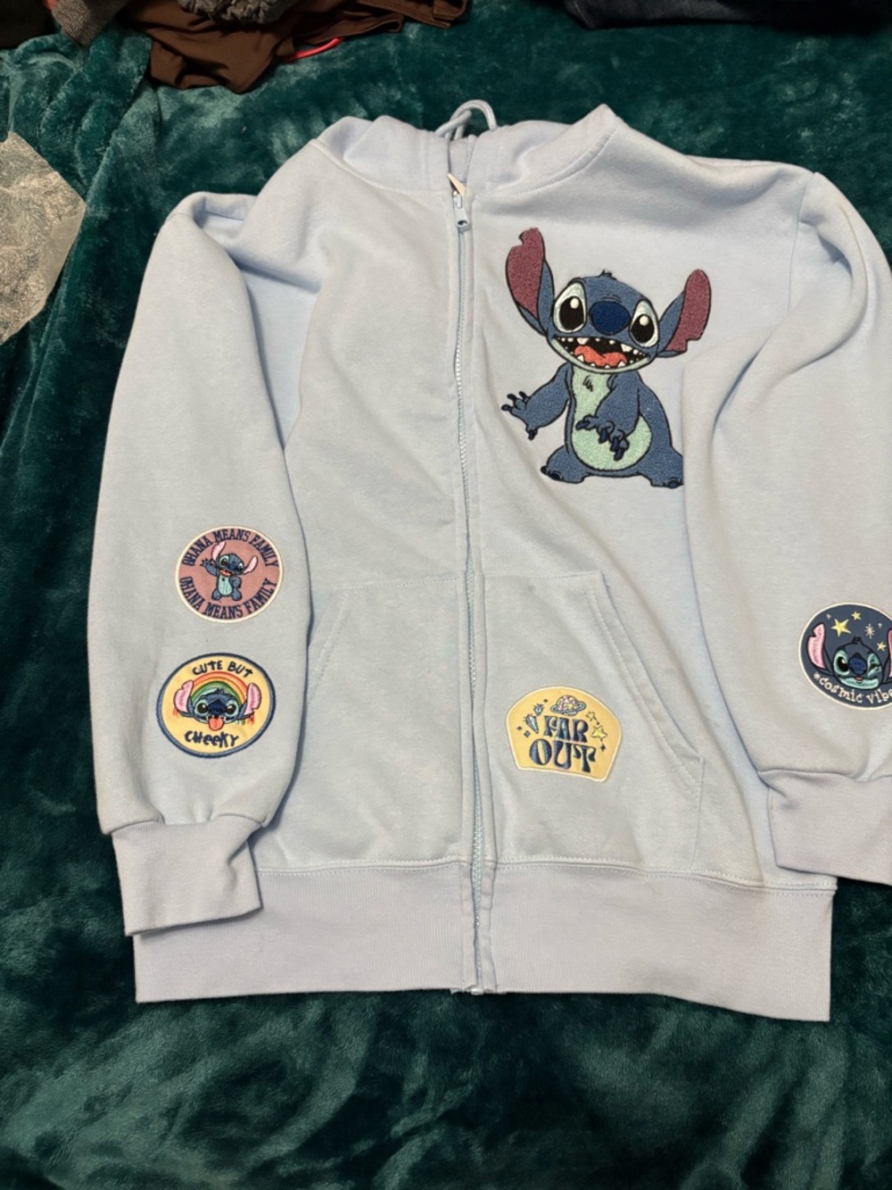 Kids Light Blue Stitch Zip-Up Hoodie with Character Patches